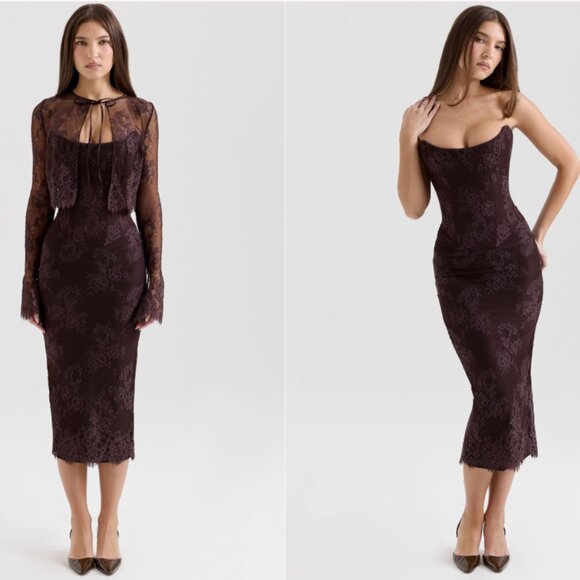 House of CB Dresses & Skirts - HOUSE OF CB 'Larra' Bitter Chocolate Lace Corset Midi Dress & Bolero NWOT